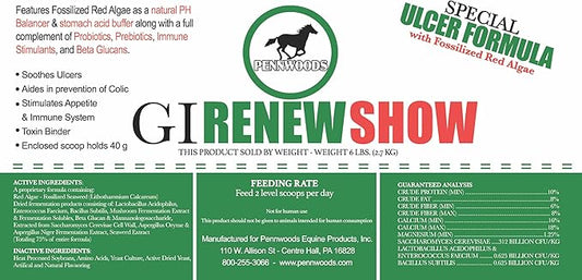 GI Renew Show, Probiotics for Equine, Immune and Appetite Stimulation, Prebiotics, Digestive Enzymes | Horse Supplement Providing Ulcer Relief and Treatment, Organic Toxin Binder, 6 LB Bag