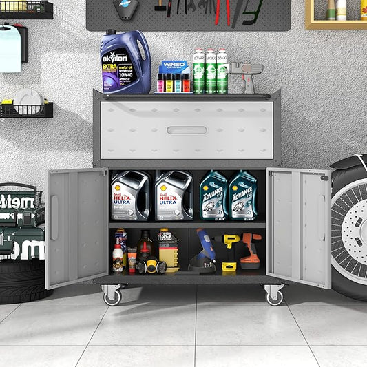 Metal Storage Cabinet with Wheels, Rolling Tool Cabinet with Adjustable Shelve, Locking Garage Storage Cabinet with 1 Drawer and 2 Doors for Tools, Assembly Required (Black/Grey)
