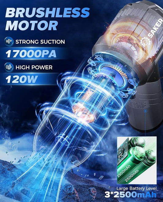Saker Car Vacuum Portable Cordless, Foldable Mini Handheld Vacuum Cordless and Air Duster 17000PA High Power Vacuum Cleaners for Home,Cars,Office Cleaning HL133 Silver