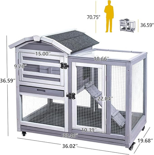 GEGURI Rabbit Hutch Indoor Rabbit Cage Outdoor, Wooden Bunny Cages for Guinea Pig with Wheels, Removable Tray, Ramp