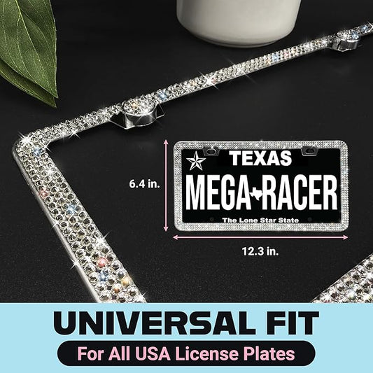 Dazzling Bling License Plate Frame for Women - 1 Pack, 800 Premium Rhinestones, Rust-Free Stainless Steel, Street Legal Slim Design, Sparkly Diamond Car Tag Holder with Glitter Crystal Screw Covers