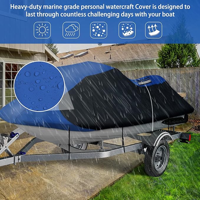iCOVER Jet Ski Cover- Water Proof Heavy Duty Trailerable Personal Watercraft Covers for Seadoo Kawasaki Yamaha Wave Runner, Fits PWC Models Up to 145in Long
