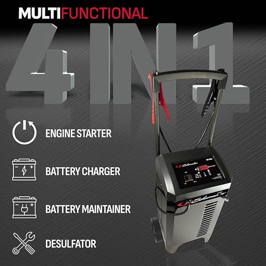 Schumacher Electric Wheeled Battery Charger and Engine Starter, SC1400, 4-in-1, Fully Automatic, 300 Cranking Amps, 60 Amp Boost Mode, 6 Volt, 12 Volt, for Car, Truck, SUV, and Marine Batteries