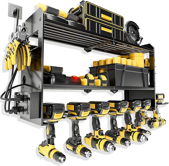 Power Tool Organizer Wall Mount with Charging Station, Cordless Drill and Battery Holder Shelf for Garage Organization,Heavy Duty Metal Tool Rack Storage, Load 300lbs, Built in 5 Outlet Power Strip