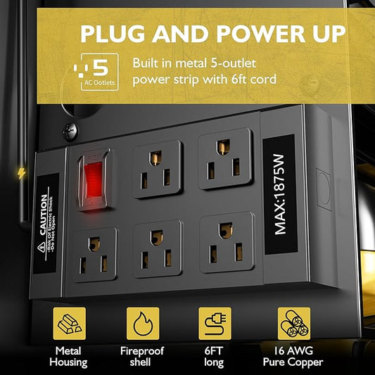 Power Tool Organizer Wall Mount with Charging Station, Cordless Drill and Battery Holder Shelf for Garage Organization,Heavy Duty Metal Tool Rack Storage, Load 300lbs, Built in 5 Outlet Power Strip