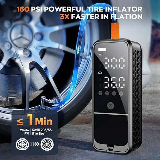 Tire Inflator Portable Air Compressor, 160 PSI Air Pump for Car Tires with Digital Pressure Gauge, Bike Tire Pump with LED Light Portable Tire Inflator for Car, Bike, Motorcycle, Ball