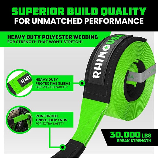 Rhino USA Recovery Tow Strap (3" x 20') - 31,518lb Break Strength - Emergency Recovery Strap Tow Rope for Truck, UTV, ATV & More - Heavy Duty Towing Strap for Offroad 4x4 Use - Compatible with Jeep