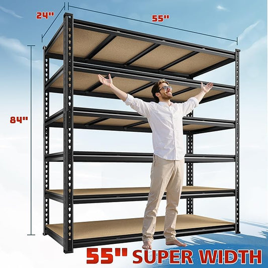 55" W Storage Shelves, 3060LBS Garage Shelving Heavy Duty, 6-Tier Heavy Duty Shelving, Adjustable Metal Shelving Unit for Garage, Warehouse, Pantry, Kitchen, 55" W × 24" D × 84" H, Black