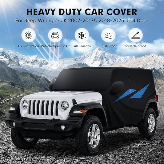 Car Cover for Jeep Wrangler JK JL 4 Door 2007-2025 Waterproof All Weather Car Covers with Door Zipper for Wrangler UV Protection Black