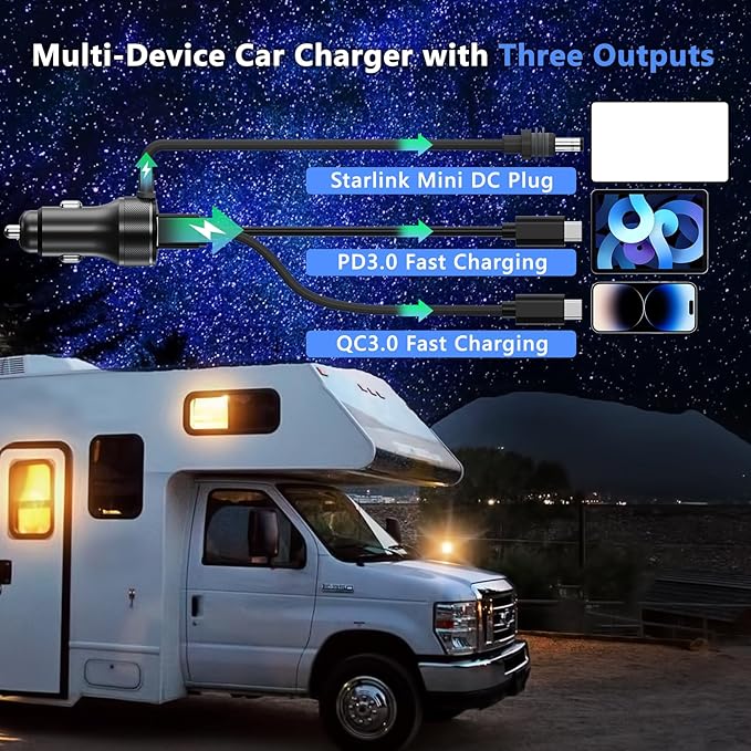 3-in-1 Starlink Mini Cable, Car Charger with Digital Display | 40W USB-C PD & 35W USB-A Ports | All-Weather Shielded Cable for RV, Truck, Boat (12V-48V) (9.8ft)