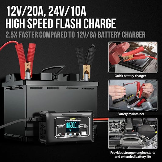 NEXPEAK NC301 20-Amp Car Battery Charger, 12V and 24V Smart Fully Automatic LiFePO4 Battery Charger Maintainer Trickle Charger w/Temp Compensation for Car Truck Boat Lead Acid Lithium Batteries