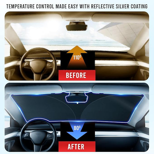 EcoNour Windshield Sun Shade for Tesla Model 3/Y Cars | (2016–2025) Foldable Sun Shield | Tesla Accessories – Upgraded Windshield Fits for Both Tesla Model Y Sunshade and Tesla Model 3 Sunshade
