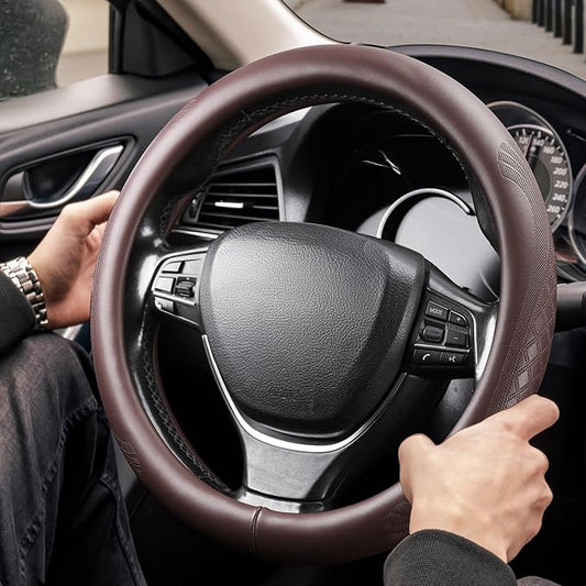 【2025 Model】 High-Grade Real Cowhide Steering Wheel Cover for Men Women,Brown Genuine Leather Steering Wheel Cover for Cars,Universal 14.5-15 inch Steering Wheels,Grid & Square Motif