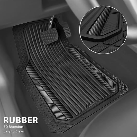 CAR PASS Heavy Duty Rubber Car Mats Metallic,Aluminum Film All Weather Floor Mats Waterproof Universal Trim to Fit SUVs Sedans Vans 4 Piece Anodized Deep Dish Two-Tone Sporty Carbon Fiber Black Chrome