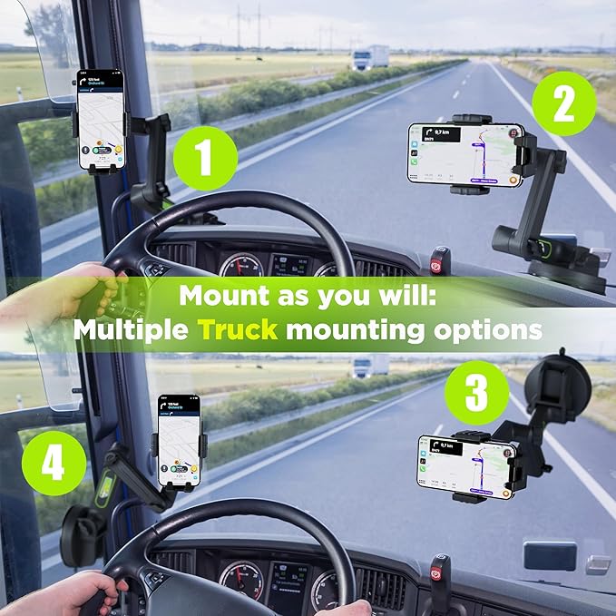 Phone Mount for Truck Phone Holder for Truck - Heavy Duty Suction Cup + Dashboard Pad, Mobile Device Holder for Dashboard Window 16.9 inch Long Arm, iPhone Samsung Compatible, Semi Trucker, Black
