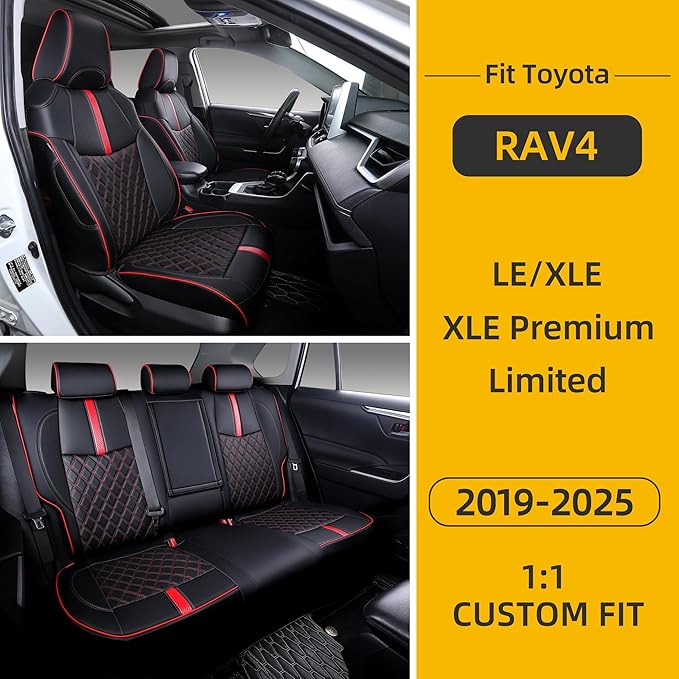 Custom Fit RAV4 Seat Covers for 2019-2025 Toyota RAV4 LE,XLE,XLE Premium,Limited Full Coverage Waterproof Leather Car Seat Covers Full Set (Black with Red Trim)