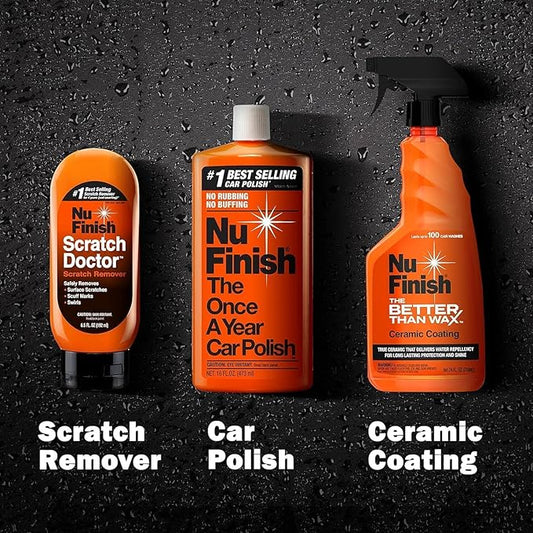 Nu Finish Exterior Finish Detailing Kit, Car Care Kit Protects Car Exterior, Includes Nu Finish Scratch Doctor Car Scratch Remover, Better Than Wax Ceramic Coating and Once A Year Car Polish, 3 Count