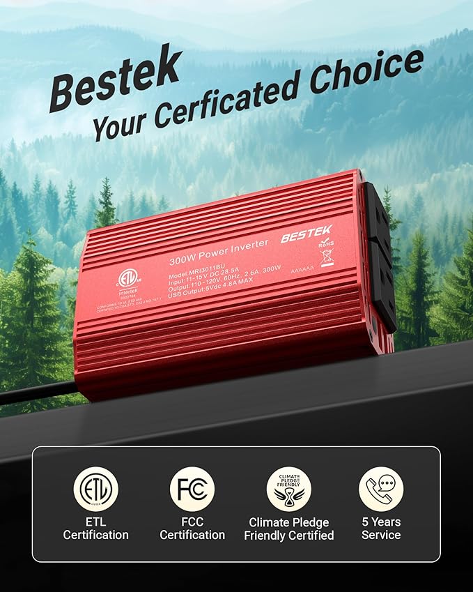 BESTEK Power Inverter DC 12V to AC 110V - 300W Car Plug Adapter Outlet with 4.8A Dual USB Fast Charging Port - Car Charger Cigarette Lighter Adapter for Phone, Laptop on Road Trip - Aluminum Housing