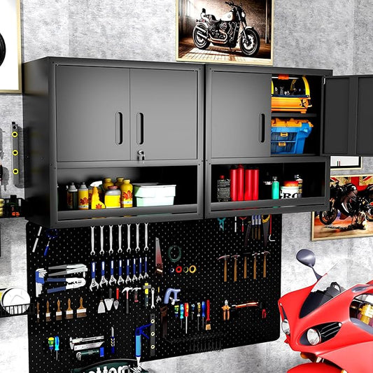 Garage Wall Cabinet with Doors and Shelves, Wall Mounted Metal Storage Cabinet with Open Storage, Lockable Hanging Tool Cabinet for Garage Utility Room, Black