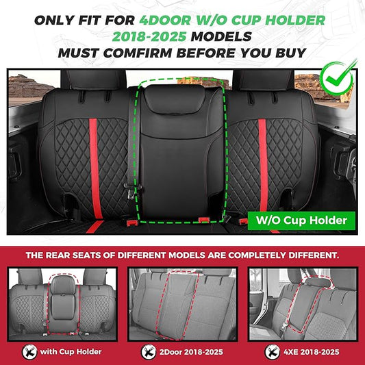 for Jeep Wrangler Seat Covers 4Door JL 2018 2019 2020 2021 2022 2023 2024 2025, Custom Car Seat Cover Full Set, Luxury Waterproof Leather Seat Protectors, Black Red Trim, W/O Rear Cup Holder