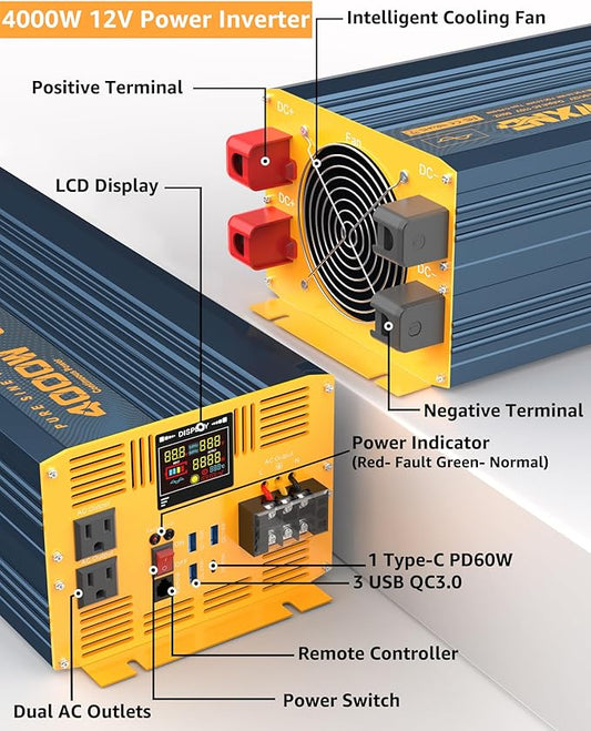 4000W Pure Sine Wave Power Inverter DC 12V to AC 110V 120V for Home RV with Dual AC Outlets 1 USB-C(60W) 3 USB-QC3.0 Fast Car Charger Adapter, LCD Display and Remote Control
