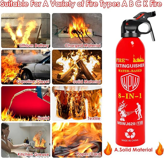 WPW 620ml Large Upgraded 8-in-1 Fire Extinguisher for Home with Wall Mount Portable Fire Extinguisher For Vehicle Car Boat House Kitchen Emergency Supplies, Water-Based Solution For A, B, C, K Fire