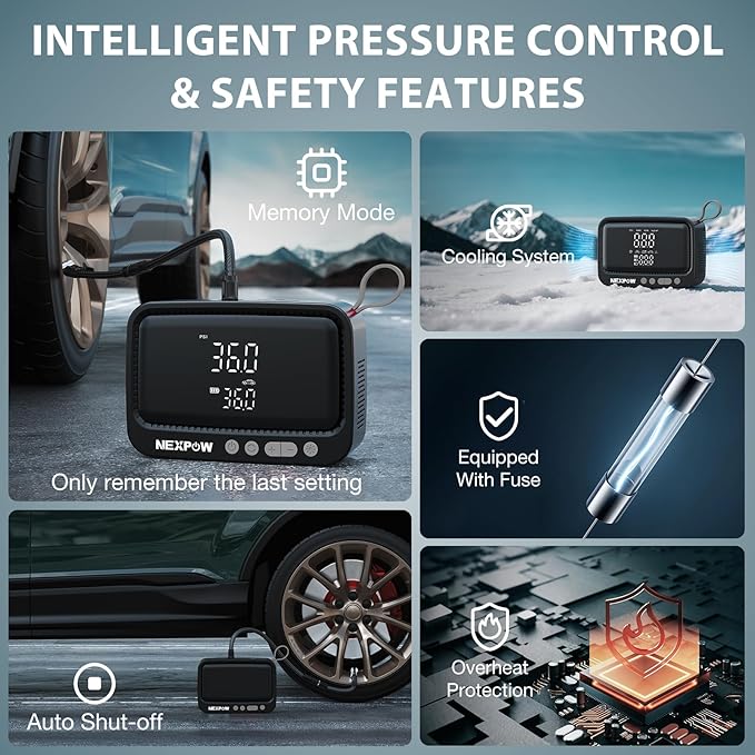 NEXPOW Tire Inflator Portable Air Compressor, 150 PSI Cordless Air Pump for Car Tires with Digital Pressure Gauge & Auto Shut-Off, Air Compressor Portable for Car, Motorcycle, Bicycle, Balls, Gray