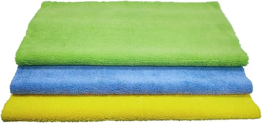 POLYTE Microfiber Cleaning Towel Ultrasonic Cut Edgeless (16x16, 24 Pack, Premium, Blue,Green,Yellow)