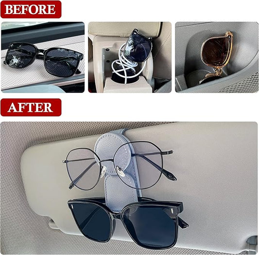 KIWEN 2 Pack Sunglasses Holder for Car Visor, Magnetic Leather Sunglass Eyeglass Hanger Clip for Car Sun Visor Accessories (2, Gray)