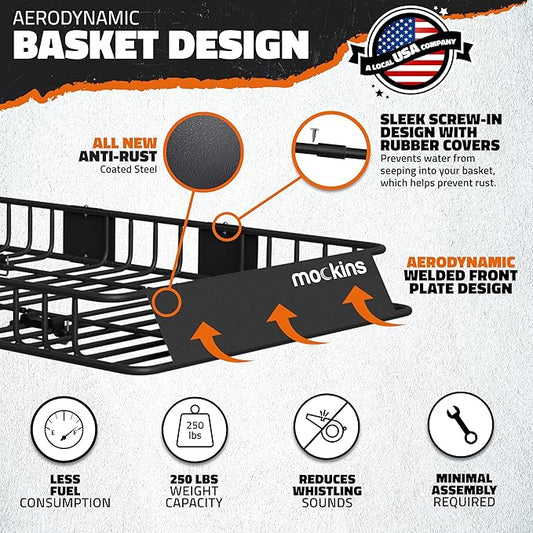 Mockins 64"x39"x6" Extendable Heavy Duty Roof Rack Basket w/ 16 CuFt Waterproof Cargo Bag for Top of Car | 250Lbs Cap All Weather Rooftop Cargo Carrier for Top of Vehicle & Car Top Carrier Accessories