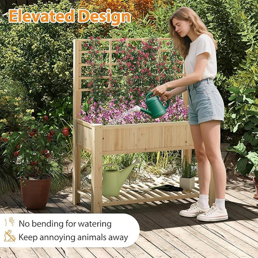 Giantex Raised Garden Bed with Trellis, Wooden Elevated Planter Box with Legs, Drainage Holes for Climbing Plants Vines Vegetables Flowers Herbs, Outdoor Horticulture Planter for Patio Yard