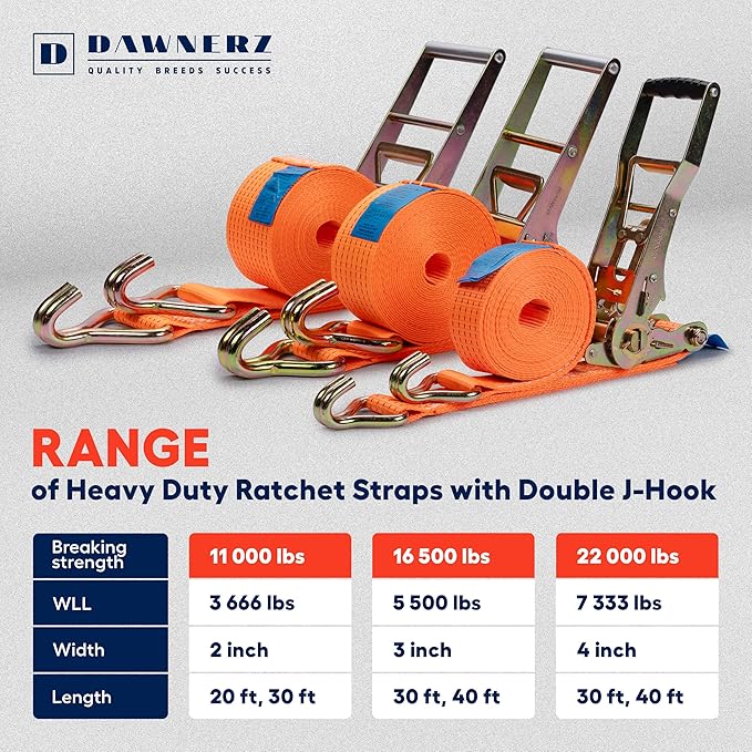 Tie Downs Ratchet Straps 2 inch X 20 ft - Heavy Duty Ratchet Strap with Double J Wire Hooks 11000 Lb Breaking Strength - Cargo Tie Down for Truck and Trailer