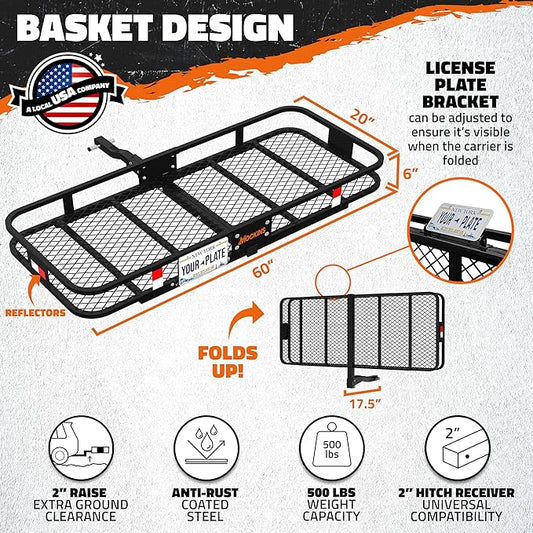 Mockins 60"x20"x6" Heavy Duty Trailer Hitch Cargo Carrier w/License Plate Holder & 16 Cu.Ft. Waterproof Cargo Bag for Hitch Carrier | All-Weather 500 Lbs. Cap Folding Luggage Rack for SUV Car & Truck