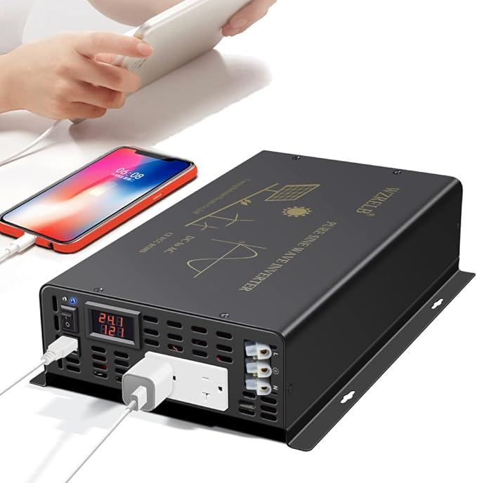 WZRELB 2500W Pure Sine Wave Power Inverter 24VDC to 120VAC 60HZ Dual AC Outlets 2× 2.4A USB Port&Hardwire Terminal Off-Grid Solar Converter RV Trucks Home