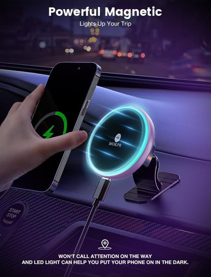 MOKPR for Magsafe Car Mount Charger-15W Wireless Car Charger-Magnetic Car Phone Holder for Dash Air Vent-LED RGB HandsFree Car Mount Fast Car Charger for iPhone 14/13/12 Series