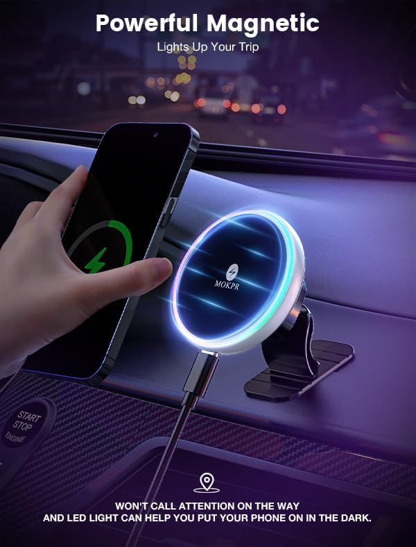 MOKPR for Magsafe Car Mount Charger-15W Wireless Car Charger-Magnetic Car Phone Holder for Dash Air Vent-LED RGB HandsFree Car Mount Fast Car Charger for iPhone 15/14/13/12 Series Silver