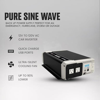 Energizer 1100 Watt 12V to 110v Pure Sine Wave Inverter Dual AC Outlets & USB, Installation Kit Included, Automotive Power for Tools, Camping Essentials & Car Accessories - ETL Approved UL STD 458