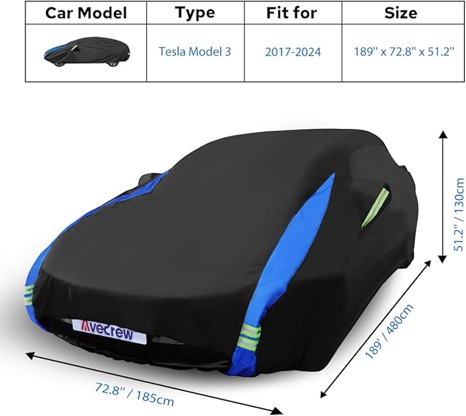 Avecrew Car Cover for Tesla Model 3 2017-2024, Custom Fit Full Exterior Cover with Charging Port and Breathable Ventilation Mesh, Waterproof All Weather Outdoor Rain Snow Sun Protection Cover
