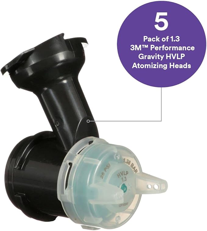 3M Performance Gravity HVLP Atomizing Head Refill Kit, 26713, Size 1.3, Green, for use with Performance Spray Gun and PPS 2.0 Paint Cups, 5 Pack
