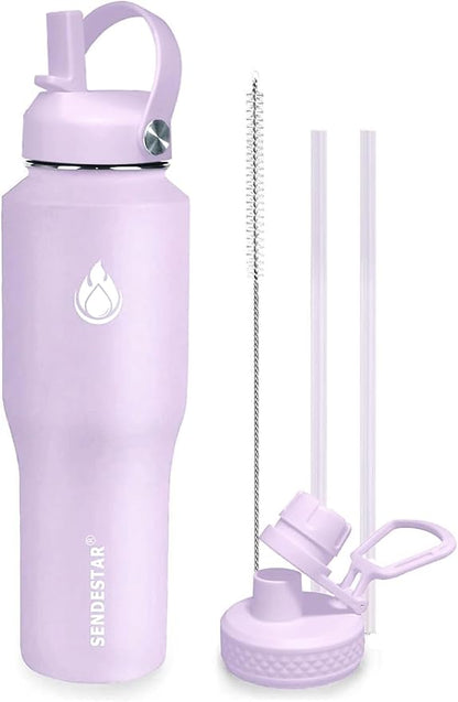 SENDESTAR 32oz Water Bottle Wide Mouth Stainless Steel Vacuum Insulated Double Wall with 2 Straw Lids Fit in Any Car Cup Holder TXIN-32-LV-1