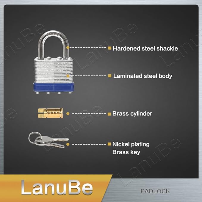 LanuBe Lock Laminated keyed Padlock (1-9/16", 40mm), keyed Alike Locks, Normal Shackle, Marked Blue Plastic Hoop, Pack of 120