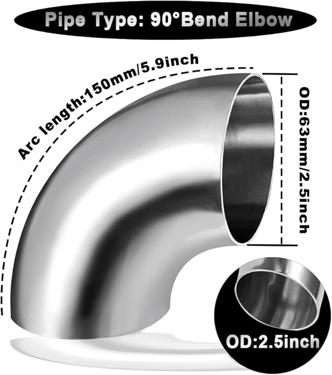 2.5 Inch 90° Mandrel Bend Elbow, SS304 Stainless Steel Bend Tube 90 Degree Exhaust Elbow Pipe - Thickness 16GA/0.65" for Car Modified Exhaust System, Stair Handrail (1 pcs)