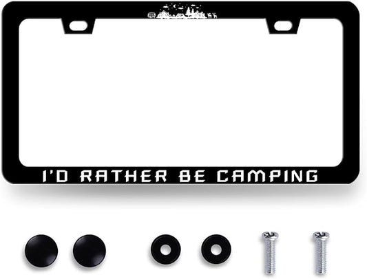 I'd Rather be Camping License Plate Frame Funny Camper License Plate Holder for Personalized Mountain Car Decorative Stainless Steel License Plate Camp Auto Part with Screws 12.2" x 6.2"