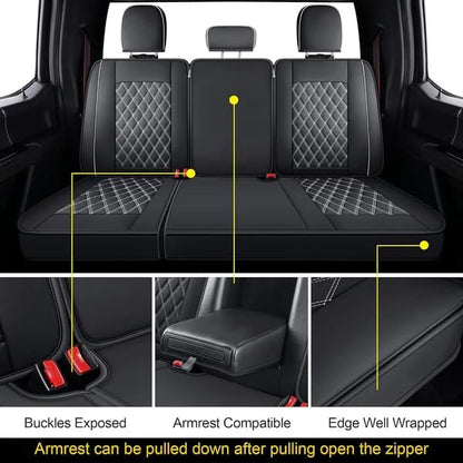 LUCKYMAN CLUB F150 Faux Leather Seat Covers Fit for 2015-2024 2025 F150 SuperCrew and 2017-2024 2025 F250 F350 F450 Super Duty Crew Cab Pickup Trucks(Full Set, Black&White)