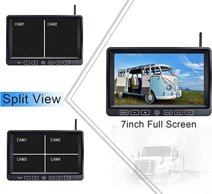 Wireless Backup Camera Kit with 7'' DVR Quad Split Monitor, 1080P FHD Rear Side View Camera, IP69 Waterproof + Parking Lines Reversing Cameras for Truck/Semi-Trailer/Box Truck/RV-B4C