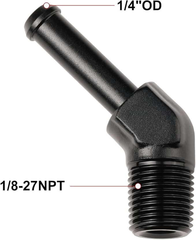 1/8 NPT Male to 1/4" Hose Barb Fitting Adapter 45 Degree Elbow Aluminum Black