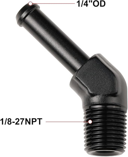 1/8 NPT Male to 1/4" Hose Barb Fitting Adapter 45 Degree Elbow Aluminum Black