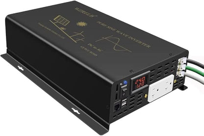 WZRELB Pure Sine Wave Power Inverter 3000W 24VDC to 120VAC 6000W Peak Dual AC Outlets 2× 2.4A USB Port &Hardwire Terminal with 16ft Remote Conrtol Off-Grid Solar Converter RV Trucks (VC300024U5WD-1)