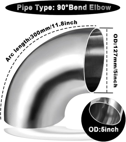 Cotonake OD 5 Inch 90 Degree SS304 Stainless Steel Bend Tube Exhaust Elbow Pipe for Car Modified Exhaust System 5" Piping Silver Tone，Stair Handrail (1pcs)