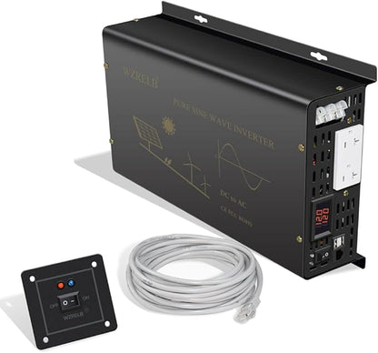 WZRELB Pure Sine Wave Power Inverter 3000W 12VDC to 120VAC 6000W Peak Dual AC Outlets &2× 2.4A USB Port &Hardwire Terminal with 16ft Remote Conrtol Off-Grid Solar Converter RV Trucks (VC300012U5WD-1)